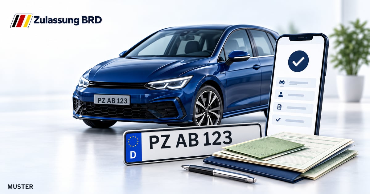 Online Fahrzeugzulassung in Templin: Musterkennzeichen PZ AB 123, Auto und Fahrzeugpapiere und Smartphone. Illustration mit Logo von Zulassung BRD.